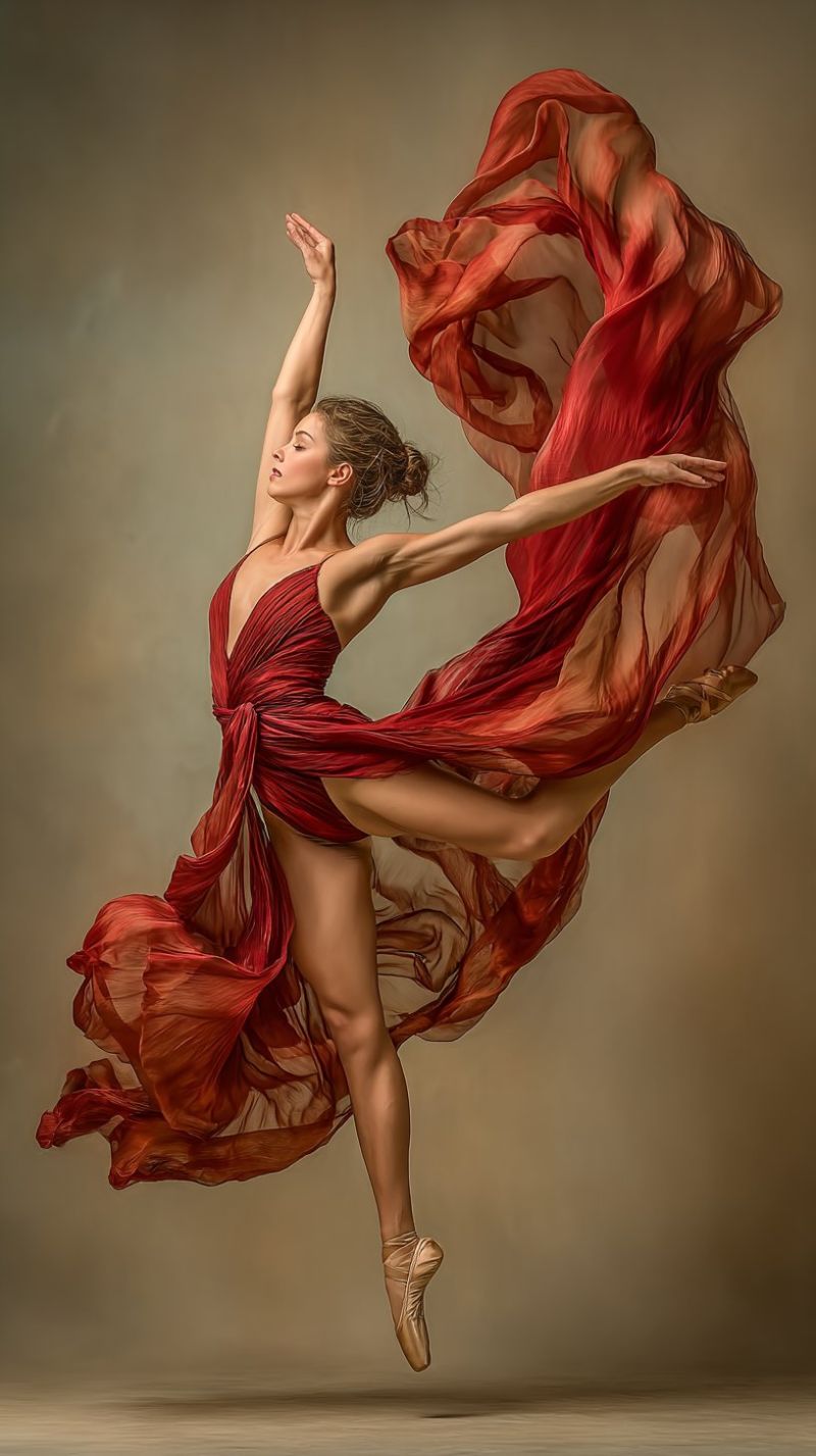 Ballet danseur performance grace expression emotion creativite beaute flexibilite technique passion devouement costume eclairage choregraphie inspirat Une femme est capturée en plein vol dans une pose de ballet gracieuse. Elle porte une robe rouge et fluide qui flotte autour d'elle, soulignant son mouvement élégant et dynamique. Ses bras sont étendus vers l'extérieur, et ses jambes sont arquées, mettant en valeur sa flexibilité et sa force. Son visage est tourné de côté, les yeux fermés, ajoutant à la qualité éthérée de l'image. Le fond est d'une couleur douce et neutre, qui contraste avec le rouge vif de sa robe, faisant d'elle le point focal de la photographie.