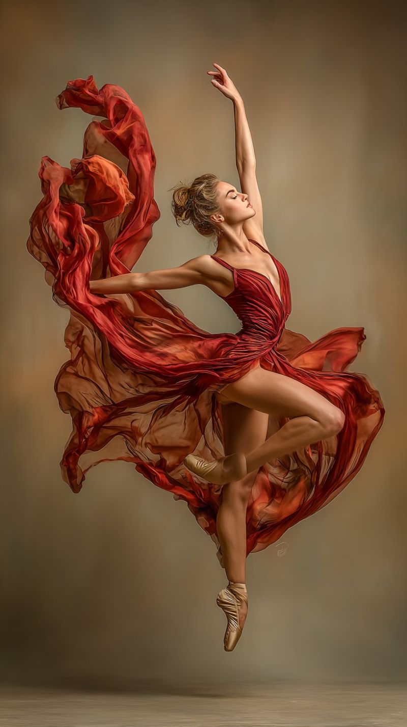 Ballet danseur performance grace expression beaute elegance ombre creativite inspiration culture tradition Une femme est capturée en plein vol dans une pose de ballet gracieuse. Elle porte une robe rouge et fluide qui flotte autour d'elle, créant un effet dramatique. Ses bras sont étendus avec grâce, l'un vers le haut et l'autre vers le bas, tandis que ses jambes sont pliées et tournées vers l'extérieur, mettant en valeur sa flexibilité et sa force. Son visage est légèrement tourné sur le côté, les yeux fermés, ajoutant à l'élégance du moment. L'arrière-plan est d'une couleur douce et neutre, qui contraste avec le rouge vif de sa robe, faisant d'elle le point focal de l'image.