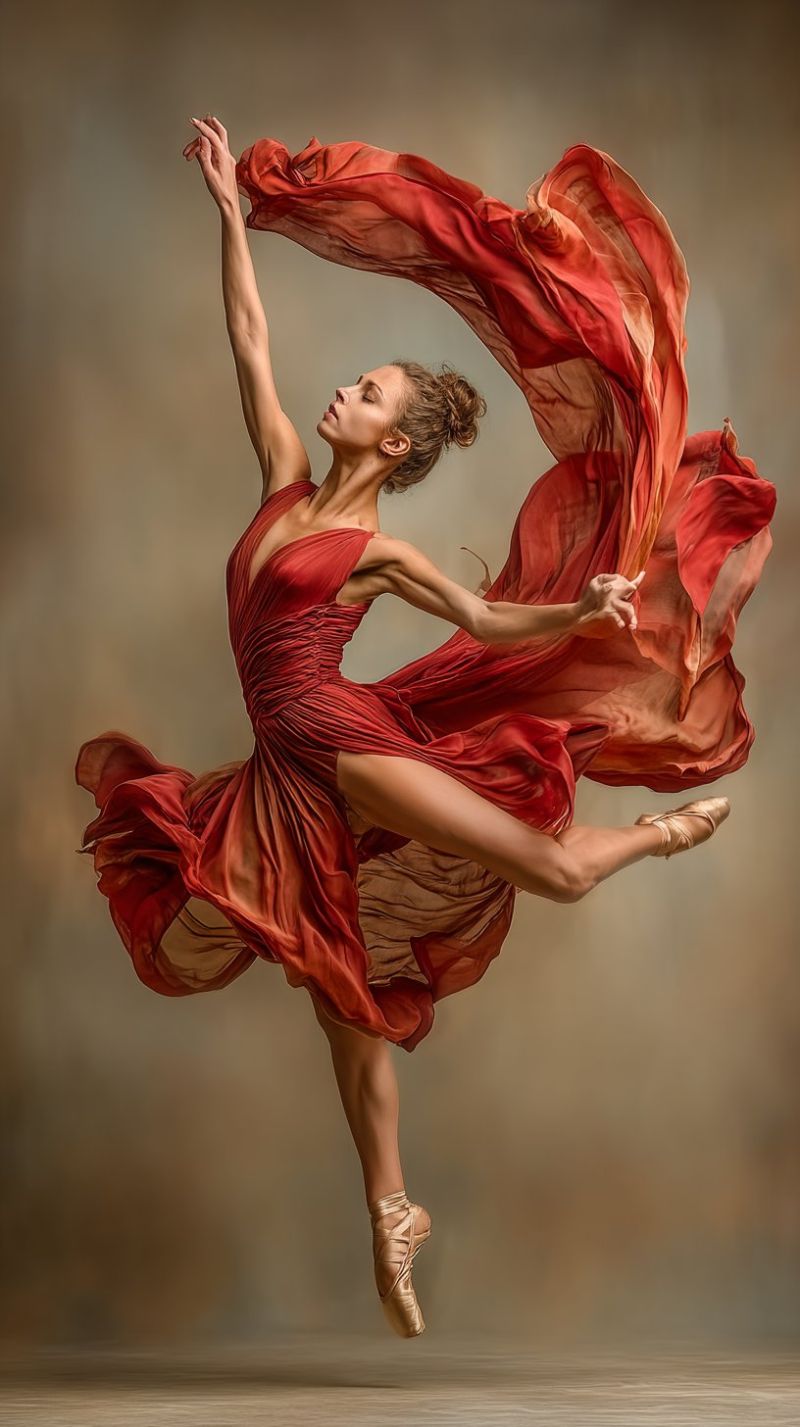 Ballet dancer dance performance grace movement expression emotion beauty creativity passion talent skill technique choreography stage theater A woman is captured mid-air in a graceful ballet pose. She is wearing a red dress that flows and billows around her, emphasizing her elegant and dynamic movement. Her hair is tied back in a bun, and her face is turned slightly to the side, with her eyes closed, suggesting concentration and focus. Her arms are extended outwards, and her legs are bent at the knees, with one foot pointed and the other extended behind her, creating a sense of motion and fluidity. The background is a soft, neutral color, which contrasts with the vibrant red of her dress, making her the focal point of the image.