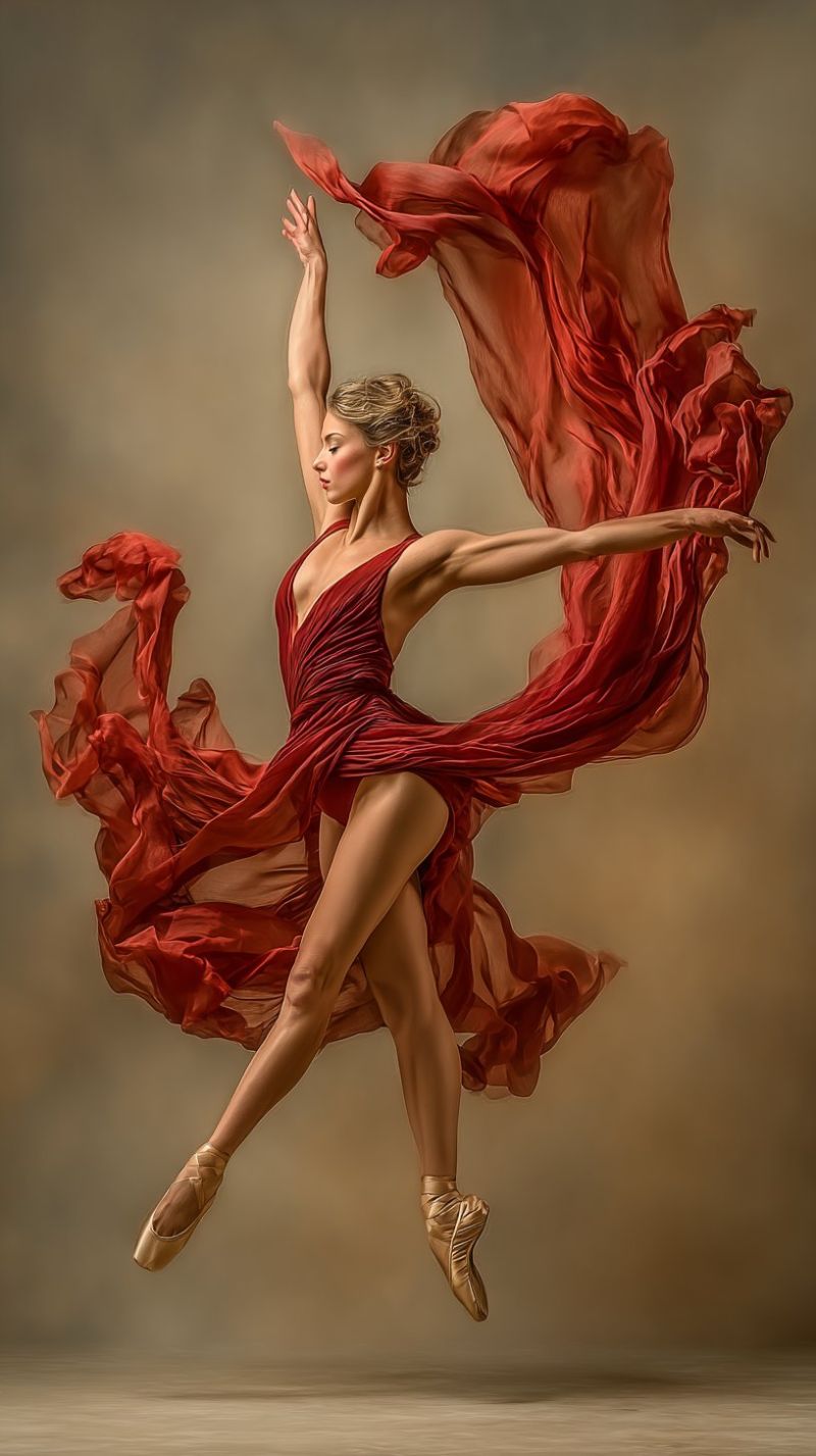 Ballet danseur performance grace expression emotion beaute creativite inspiration imagination liberte passion talent competence technique choregraphie Une femme est capturée en plein vol dans une pose de ballet gracieuse. Elle porte une robe rouge profonde et fluide qui flotte autour d'elle, soulignant sa forme élégante et athlétique. Ses bras sont étendus vers l'extérieur, une main levée et l'autre abaissée, créant une pose dynamique et équilibrée. Ses jambes sont arquées, un pied levé du sol, mettant en valeur sa force et sa flexibilité. Son visage est légèrement tourné sur le côté, les yeux fermés, ajoutant à la qualité éthérée de l'image. Le fond est d'une couleur douce et neutre, qui contraste avec le rouge vif de sa robe, faisant d'elle le point focal de la photographie.