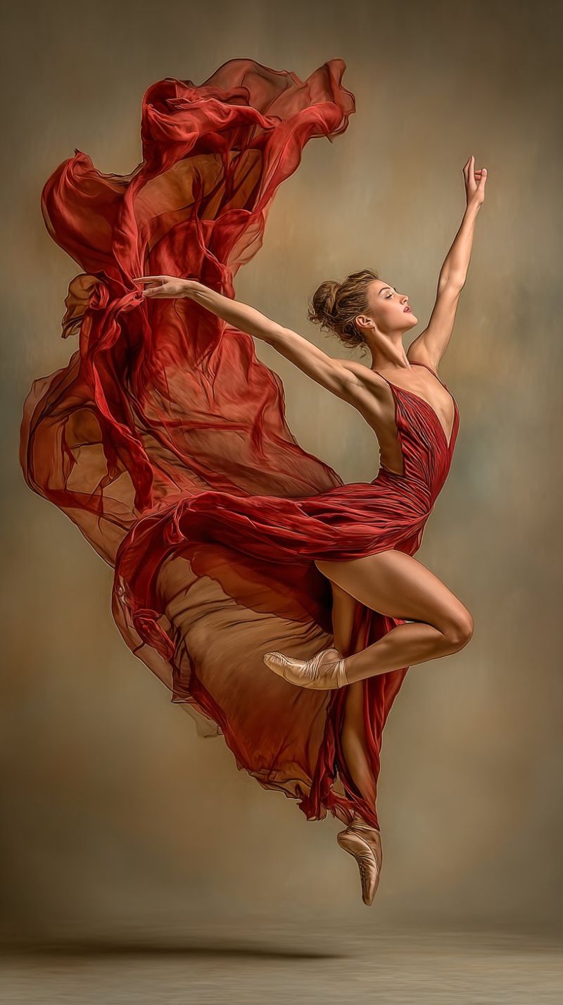 Ballet danseur performance grace expression emotion beaute creativite inspiration imagination liberte passion talent competence technique choregraphie Une femme est capturée en plein vol dans une pose de ballet gracieuse. Elle porte une robe rouge et fluide qui flotte autour d'elle, créant un effet dramatique. Ses bras sont étendus vers l'extérieur, et ses jambes sont pliées aux genoux, un pied pointé et l'autre étendu derrière elle. Son visage est tourné sur le côté, et ses cheveux sont attachés. Le fond est d'une couleur douce et neutre, offrant un contraste avec le rouge vif de sa robe.