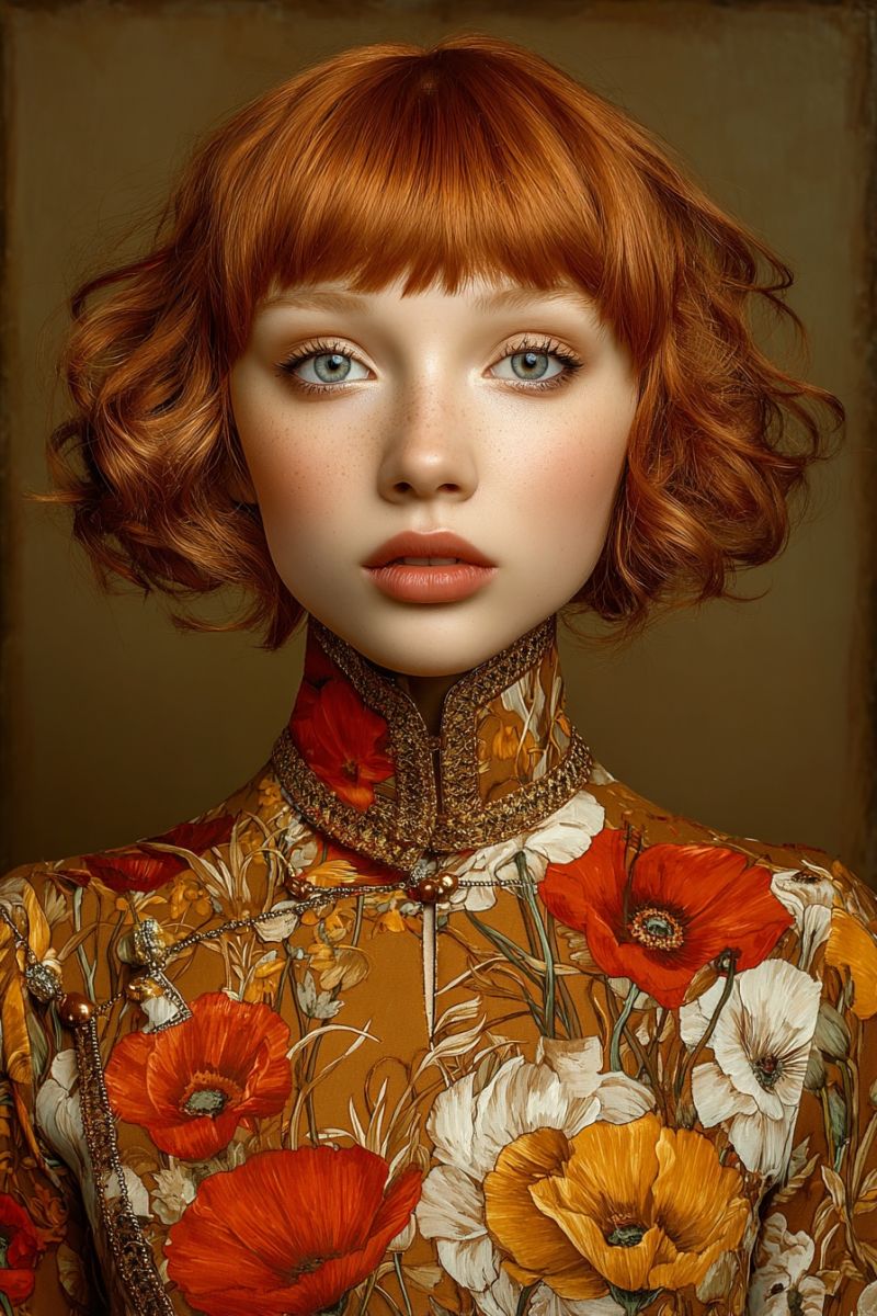 Woman fashion makeup beauty elegant vintage retro painting colorful red blue eyes floral dress pop A close-up portrait of a woman with short, curly red hair and blue eyes. She wears a floral dress with a high collar, featuring red and orange flowers against a beige background. Her makeup includes pink lips and a subtle blush, with her hair styled in loose curls. The background is a warm, neutral color, enhancing the vibrant colors of the floral dress.