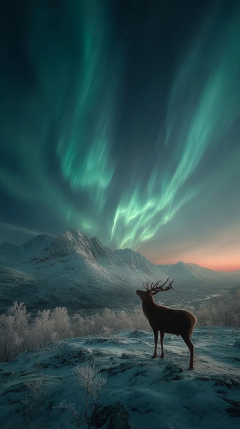 Reindeer mountain snow sky night wildlife forest trees winter frost ice cold dark nature outdoors scenery aurora borealis In the foreground, a majestic reindeer stands on a snowy landscape, its antlers raised as if it's alert to the wonders above. The sky is a canvas of deep blues and greens, with the ethereal glow of the Northern Lights dancing across it. The auroras are vibrant, with shades of green and purple, creating a mesmerizing display. The mountains in the background are blanketed in snow, their peaks silhouetted against the colorful sky. The scene is set in a serene, almost magical winter wonderland, with the reindeer standing as a solitary figure amidst the beauty of nature.
