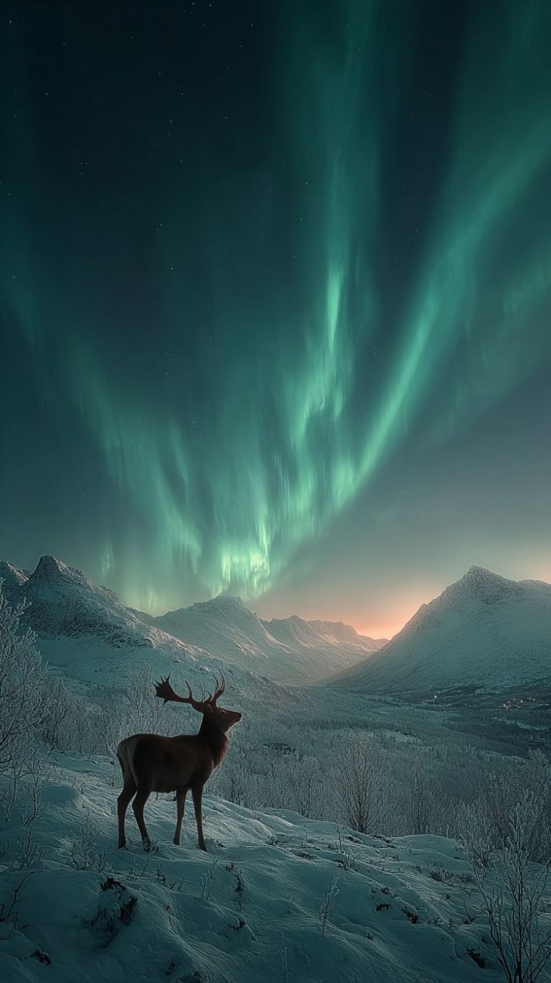 Renne montagne neige nuit ciel aurore faune foret hiver arbre nuage colline vallee gel givre matin Un renne majestueux se tient sur une colline enneigée, regardant le ciel rempli d'aurores vibrantes en vert et blanc. Le ciel est d'un bleu profond, passant à un bleu plus clair près de l'horizon, où le soleil se couche, projetant une lueur chaude. Le paysage est recouvert de neige, avec des arbres dénudés et des montagnes lointaines couvertes de neige. La scène est sereine et magique, avec le renne immobile, apparemment émerveillé par le spectacle naturel au-dessus de lui.