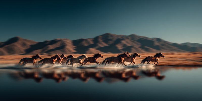 Horses running water mountains reflection wild freedom nature outdoors animals wildlife desert adventure speed energy power beauty movement A herd of horses is running across a shallow body of water, their reflections visible on the surface. The horses are in various positions, some with their heads down and others with their heads up, showcasing their powerful and dynamic movement. The water is calm, and the horses' hooves create splashes as they gallop. In the background, there are mountains with a clear blue sky, adding to the serene and majestic atmosphere of the scene.