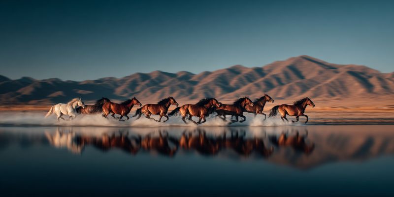 Chevaux course eau reflet montagnes faune liberte sauvage nature air animaux mammiferes equides galop troupeau coucher soleil crepuscule ciel horizon Un troupeau de chevaux, comprenant des chevaux bruns et blancs, galopent énergiquement à travers un plan d'eau calme, probablement un lac. Leurs reflets sont visibles sur la surface de l'eau. Les chevaux sont alignés, avec leurs jambes écartées pendant qu'ils galopent. En arrière-plan, il y a des montagnes avec un ciel bleu clair au-dessus. La scène se déroule dans un paysage naturel et ouvert.