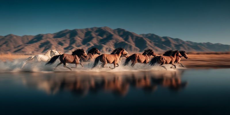 Horses running water mountains reflection wild freedom nature outdoors animals mammals equine galloping dust sunlight sky grass desert adventure A group of horses, both brown and white, are running energetically across a shallow body of water. Their hooves kick up spray as they gallop, and their reflections are visible in the water. The scene is set against a back of rugged, arid mountains under a clear, blue sky. The horses' manes and tails stream behind them, emphasizing their speed and grace. The water is calm, and the horses' movements create gentle ripples. The landscape is vast and open, with the mountains stretching into the distance.