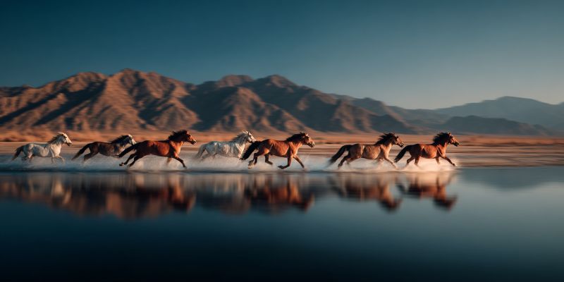 Horses running water reflection mountains desert wildlife freedom speed nature outdoors animals wild adventure equestrian gallop beauty a group of horses is captured in mid-gallop across a serene, reflective body of water. The horses are running in a line, with their hooves kicking up water as they move. Their bodies are lean and muscular, showcasing their strength and agility. The horses are of various shades, including white, brown, and black, adding to the visual diversity. Behind them, a back of rugged mountains stretches into the distance, their peaks dusted with the soft glow of the setting sun. The sky above is a gradient of blues and oranges, indicating the time of day is either dawn or dusk. The water's surface mirrors the horses and the sky, creating a symmetrical and harmonious composition.