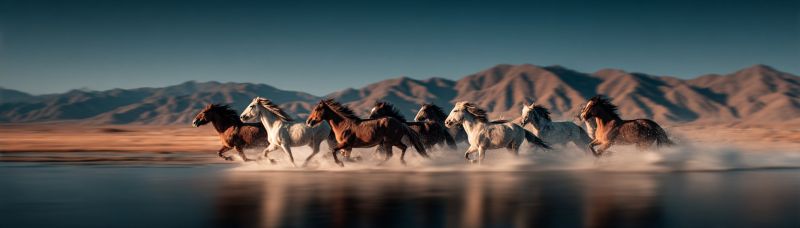 Horses running water mountains desert wildlife freedom wild nature outdoors animals mammals equine galloping dust sunlight reflection adventure explor A group of horses, both white and brown, are running in a line across a body of water, possibly a river. The water is calm, and the horses' hooves create splashes as they move. The background features a vast, arid landscape with mountains and a clear, blue sky. The horses' manes and tails are flowing in the wind, and their bodies are in motion, suggesting speed and energy. The scene is set in a natural, open environment with a sense of freedom and wildness.