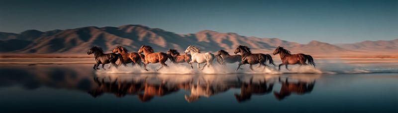 Horses running water reflection mountains desert wildlife freedom wild nature outdoors animals mammals equine galloping dust sunlight sunset adventure A group of horses with various colors, including black, brown, and white, are running in a line across a body of water. The water is calm, and the horses' reflections are visible on the surface. The horses' legs are lifted, and they seem to be galloping. In the background, there are mountains with a clear blue sky. The sky is slightly pink, indicating the setting sun.