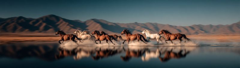 Horses running water reflection mountains desert wildlife freedom wild nature outdoors animals mammals equine galloping sunset dusk adventure explorat a group of horses is captured in mid-gallop, their hooves kicking up water as they race across a body of water. The horses are of various shades, including brown, white, and black, and their manes and tails are flowing in the wind. The water reflects the horses and the surrounding landscape, which includes a vast, open area with a back of rugged mountains under a clear, blue sky. The scene is set during the golden hour, as the light casts a warm, orange hue over the entire image, enhancing the sense of motion and energy.