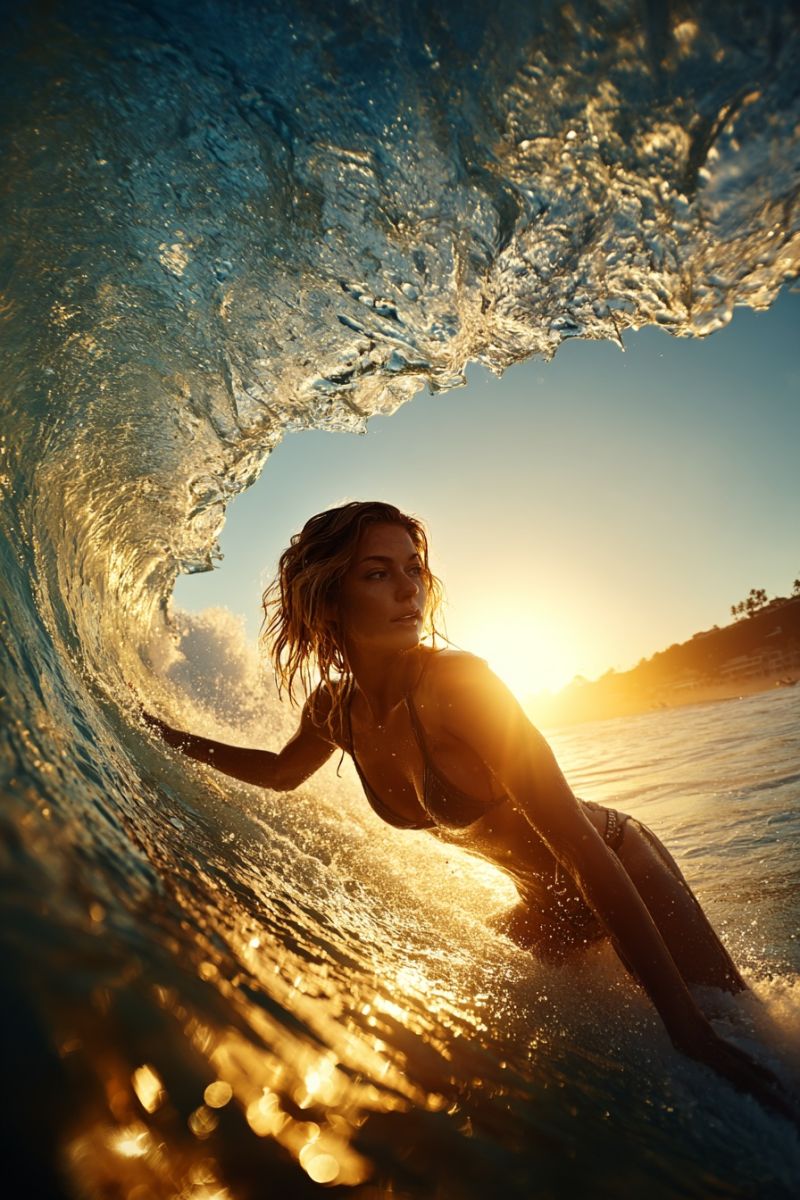 Surfer ocean vague soleil eau plage mer natation lever coucher aventure liberte nature air sport forme physique vie voyage Une femme surfe dans l'océan au coucher du soleil. Elle est allongée sur le ventre sur une planche de surf, pagayant avec ses mains. L'eau éclabousse autour d'elle, et la vague se brise derrière elle. Le soleil se couche au loin, projetant une lueur chaude sur l'eau et la femme. Le ciel est bleu avec quelques nuages, et la plage est visible en arrière-plan.