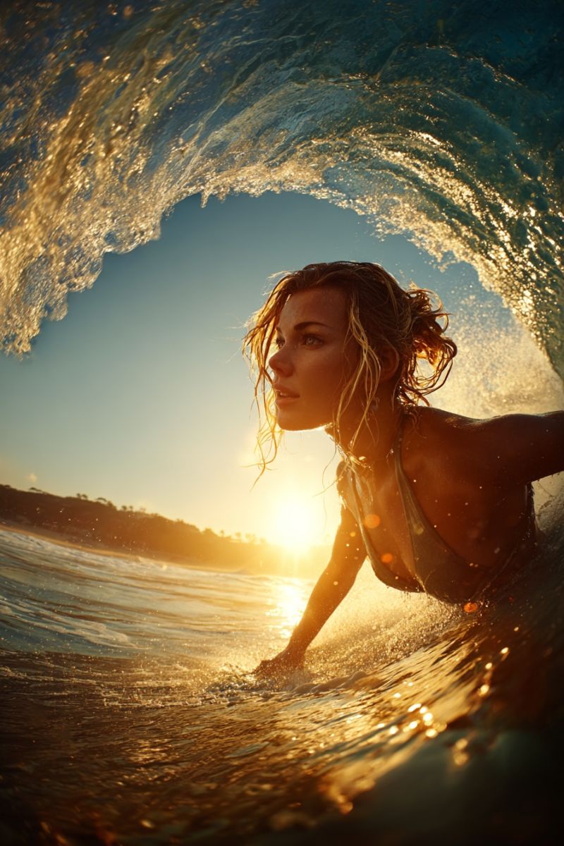 Woman surfer ocean wave sun sunlight sea water swimming surfing beach sunrise sunset sunbathing sunbeam sunny day weather sky outdoors A woman is surfing in the ocean during sunset. She is lying on her stomach on the surfboard, paddling with her hands. Her wet hair is blowing in the wind, and her face is illuminated by the setting sun. The water is clear, and the waves are crashing around her. The sky is blue with a hint of orange from the sunset. In the distance, there is a silhouette of a beach with trees and a mountain range.