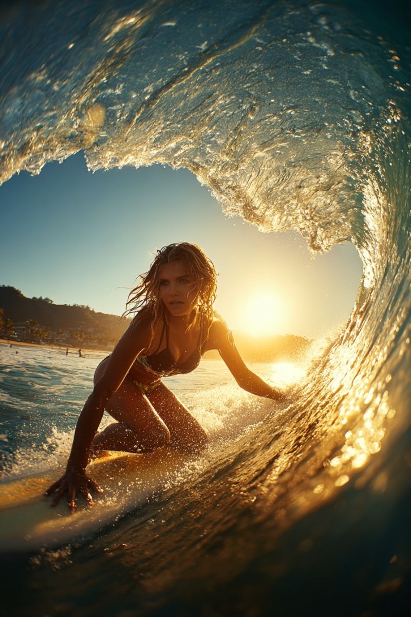 Surfer ocean vague eau soleil lever rayon Une femme surfe sur une planche blanche dans l'océan. Elle est en position accroupie, les mains sur la planche, et ses cheveux sont emportés par le vent. La vague se brise autour d'elle et l'eau éclabousse. Le soleil se couche en arrière-plan et le ciel est orange. Au loin, il y a une montagne avec des arbres et une plage avec des gens.
