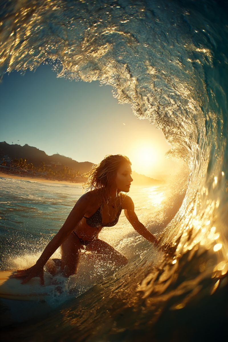Surfer surf ocean vague eau soleil plage mer marin bord Une femme surfe sur une planche blanche dans l'océan. Elle porte un bikini noir et a ses cheveux attachés en arrière. Elle est en position accroupie, les mains sur la planche, et regarde vers l'eau. L'eau éclabousse autour d'elle, et les vagues se brisent sur le rivage. Le soleil se couche au loin, et le ciel est orange. En arrière-plan, il y a une plage avec des arbres et des montagnes.