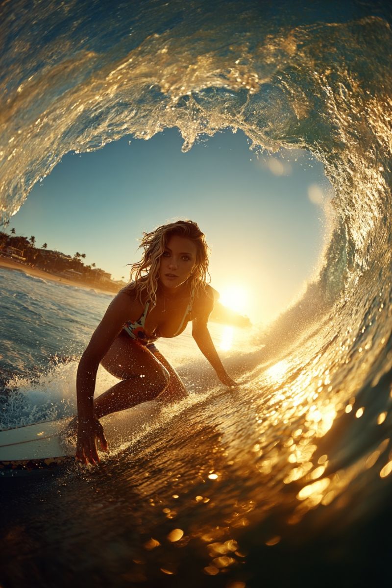Surfer surf ocean vague eau soleil lever plage mer marin bord coquillage coquillages collection sable vente Une femme surfe sur une planche blanche dans l'océan. Elle porte un bikini coloré et a ses cheveux attachés en arrière. Elle est en position accroupie, les mains sur la planche, et regarde le soleil qui se couche au loin. L'eau éclabousse autour d'elle, et les vagues s'écrasent sur le rivage. Le ciel est bleu, et le soleil se couche, projetant une lueur chaude sur l'eau et la femme.