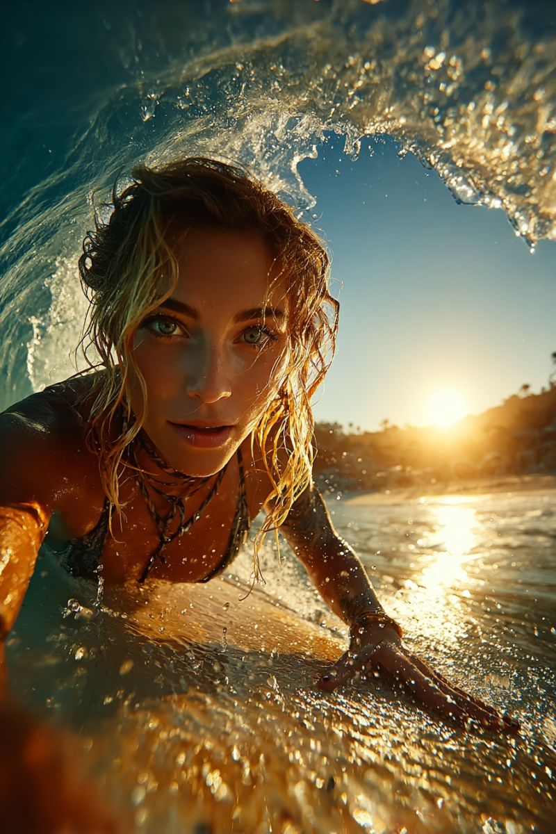 Surfer surfing ocean water wave sun sunlight sunrise sunset beach sea seascape seaside seashell seashells A woman is surfing in the ocean, captured from a low angle. She is lying on her stomach on a surfboard, paddling with her hands. Her wet hair is blowing in the wind, and she has a focused expression. The water is clear, and the sun is setting in the background, casting a warm glow on the scene. The waves are splashing around her, and the sky is a mix of blue and orange hues.