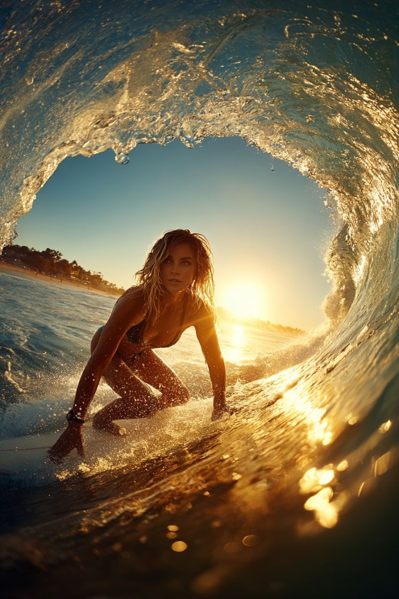 Surfer surf ocean vague eau soleil plage mer marin lever coucher couchers Une femme surfe sur une planche blanche dans l'océan. Elle est en position accroupie, les mains sur la planche et le corps penché vers l'avant. L'eau éclabousse autour d'elle, et les vagues s'écrasent sur le côté de la planche. Le soleil se couche au loin, et le ciel est orange et rose. L'eau est claire, et les vagues sont petites. La femme porte un bikini et une montre au poignet gauche.