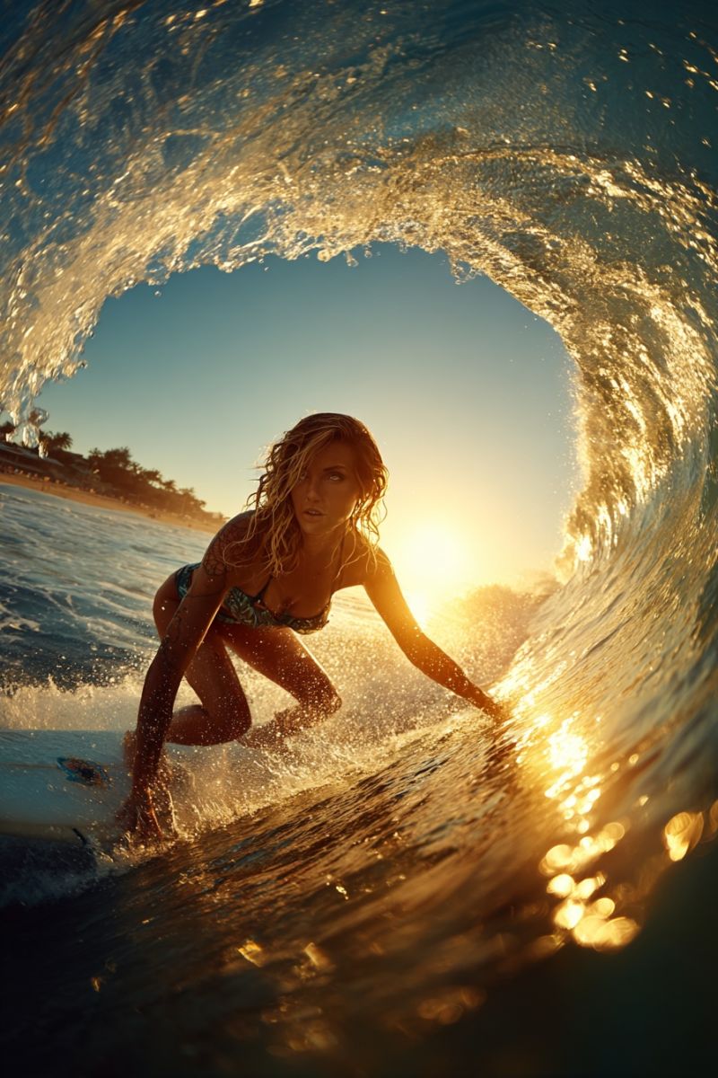 Surfing ocean wave water sun sunlight sunbeam sunrise sunshine sunny beach sea seascape seaside seashell seashells collection sand A woman is surfing on a white surfboard in the ocean. She is in a crouched position, with her arms extended outwards, and her head turned to the side. The water is splashing around her, and the sun is setting in the background, casting a warm glow on the water. The waves are crashing on the shore, and there are trees and buildings in the distance.