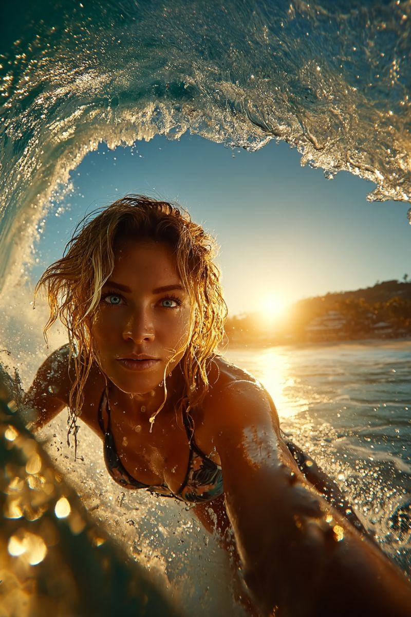 Surfer water ocean wave sun sunlight sunrise sunset sea seascape beach mountain sky cloud clouds horizon reflection refraction spray A woman is surfing in the ocean, captured from a low angle. She is wearing a black and white bikini, and her hair is wet and blowing in the wind. She is looking directly at the camera with a focused expression. The water is clear, and the sun is setting in the background, casting a warm glow on the scene. The waves are crashing around her, and the water is splashing on her body. The sky is blue, and there are some clouds in the distance.