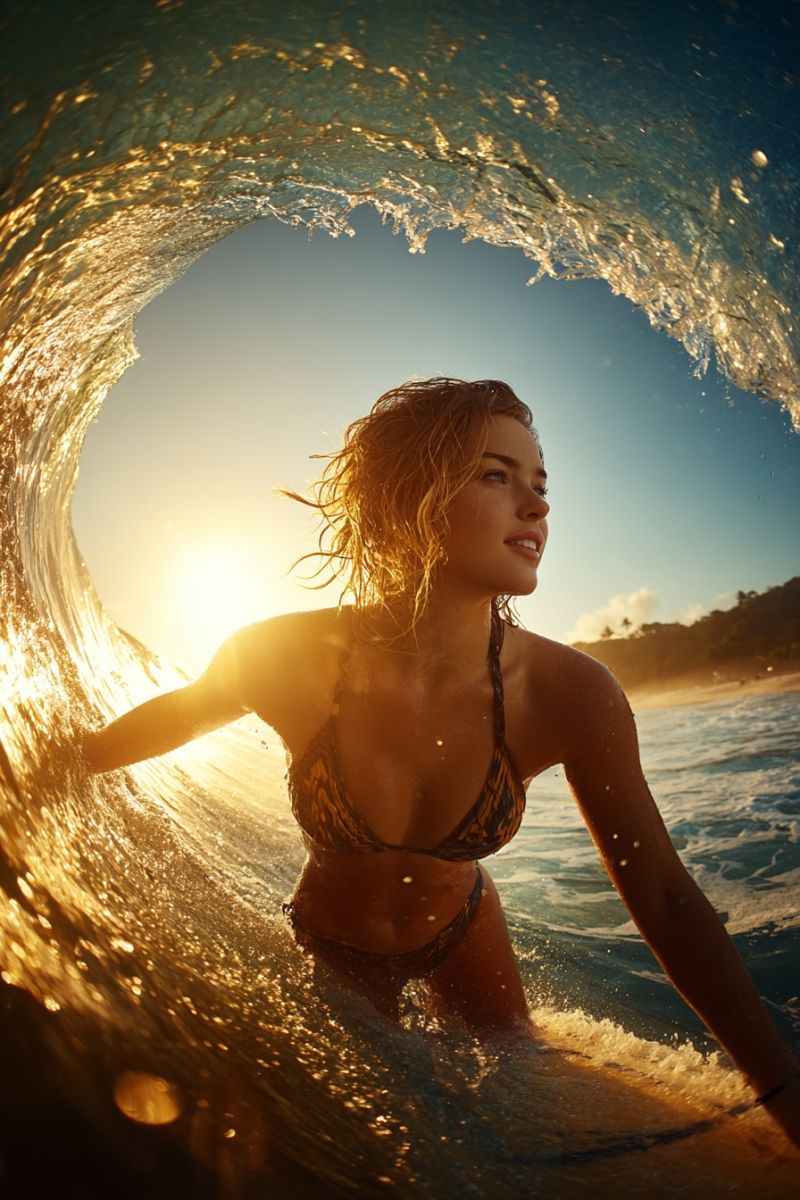 Woman surfer surfing ocean sea water wave sun sunlight sunny bikini beach summer vacation adventure sport fitness lifestyle freedom happiness A woman is surfing in the ocean, captured in a moment where she is riding a wave. She is wearing a bikini with a dark pattern, and her hair is wet and flowing in the wind. The sun is setting in the background, casting a warm glow on her and the water. The wave she is riding is large and splashing around her, with water droplets visible in the air. The ocean is calm, and the sky is clear, with the sun's rays shining through the water.