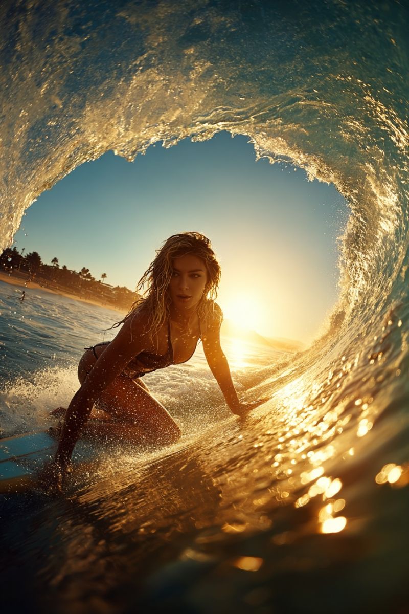 Surfer surf ocean vague eau soleil lever coucher plage mer marin bord coquillage coquillages Une femme surfe sur une planche bleue dans l'océan. Elle est en position accroupie, les mains sur la planche, et ses cheveux sont emportés par le vent. L'eau éclabousse autour d'elle, et le soleil se couche en arrière-plan, projetant une lueur chaude sur la scène. Les vagues s'écrasent autour d'elle, et l'eau est claire et bleue. Au loin, il y a des arbres et des bâtiments, et le ciel est d'un orange profond.