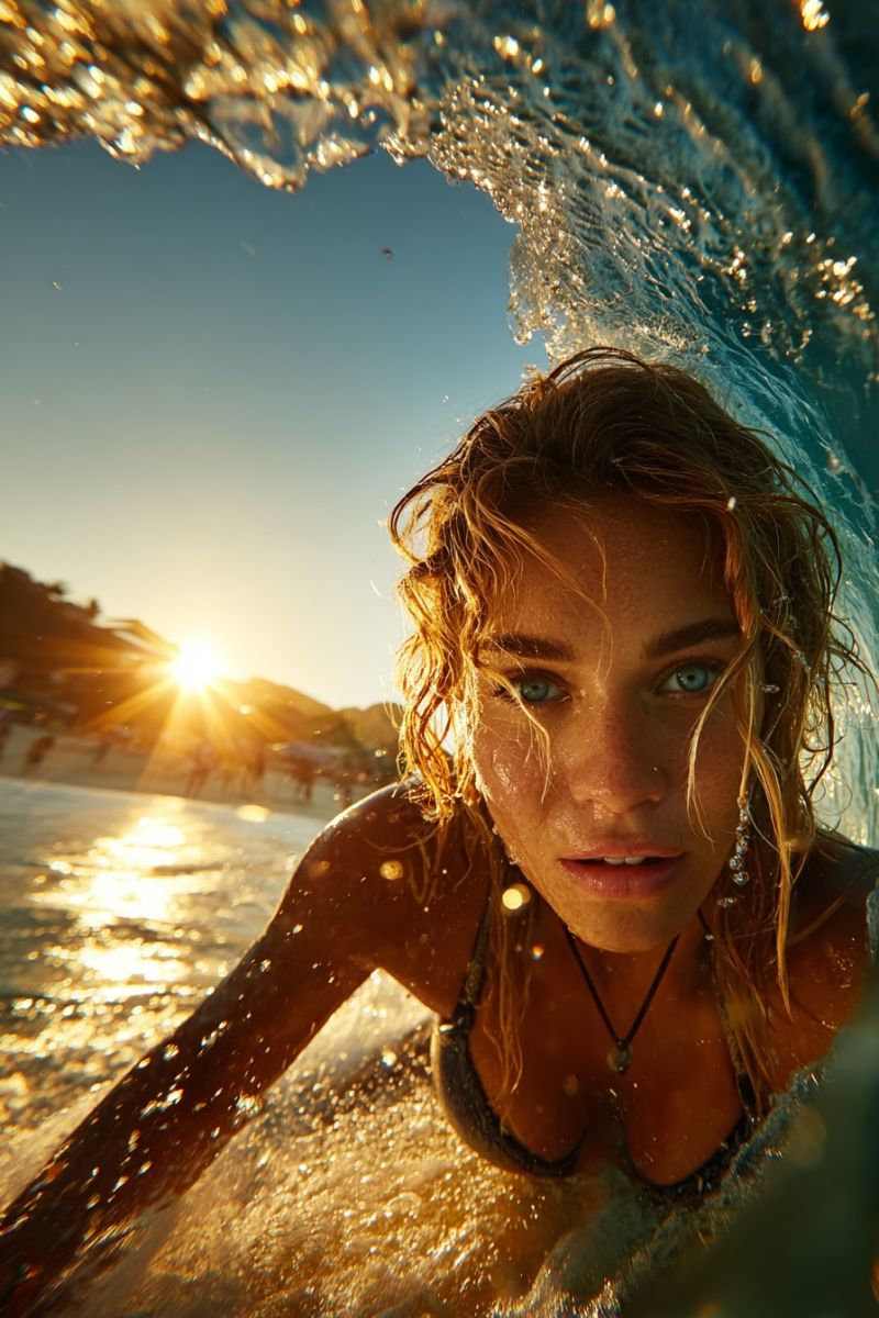 Woman surfer surfing ocean sea water sun sunlight beach waves swimming swimsuit bikini wetsuit wet sunbathing vacation holiday recreation A woman is surfing in the ocean, captured from a low angle. She is wearing a black bikini and has wet, wavy hair. Her face is slightly tilted, and she is looking ahead with a focused expression. The water is splashing around her, and the sun is setting in the background, casting a warm glow on the scene. In the distance, there are people on the beach, and the sky is a mix of blue and orange hues.