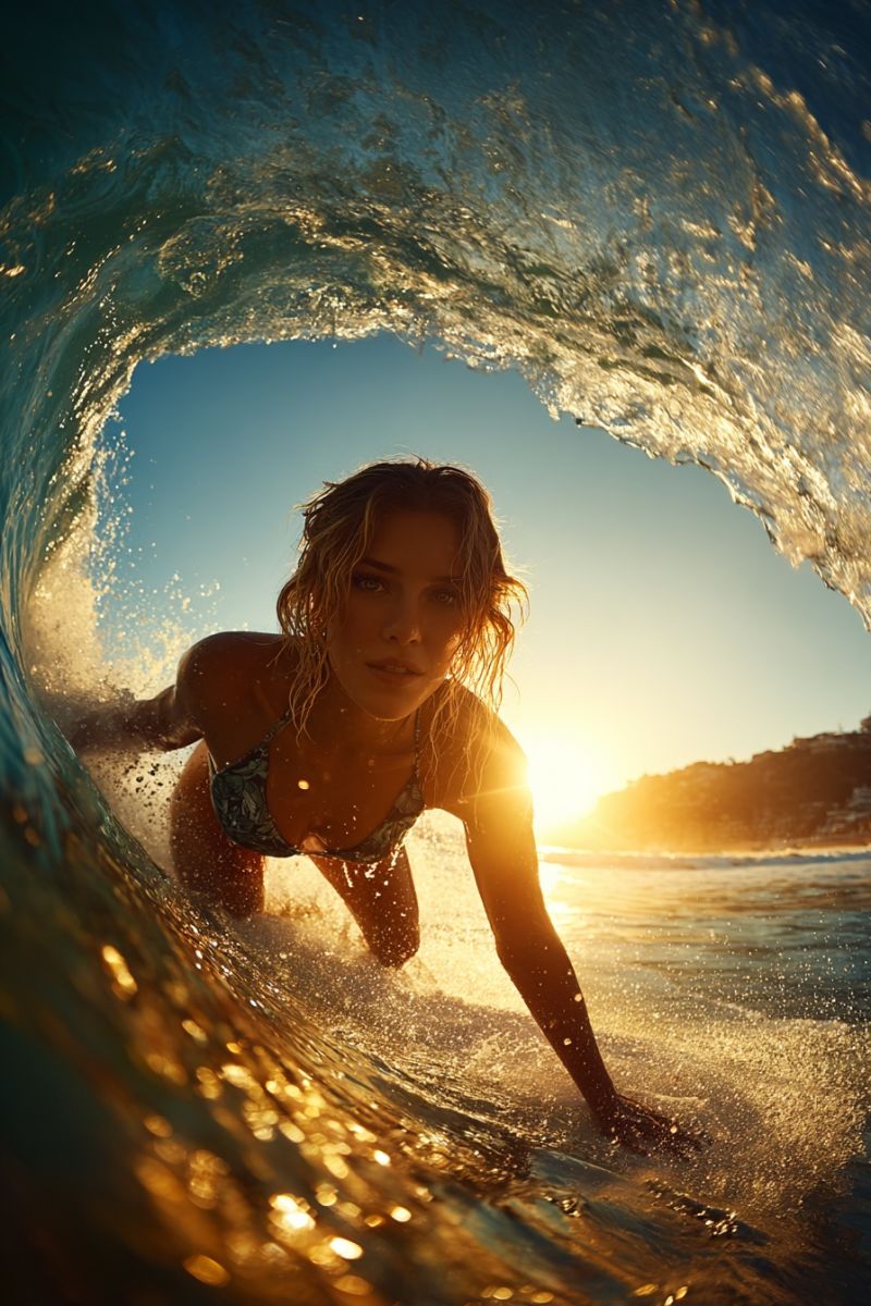 Surfer ocean vague soleil eau mer natation maillot bain nager sport marin coquillage coquillages Une femme surfe dans l'océan au coucher du soleil. Elle est allongée sur le ventre sur une planche de surf, pagayant avec ses mains. L'eau éclabousse autour d'elle, et les vagues s'écrasent. Le soleil se couche en arrière-plan, projetant une lueur chaude sur l'eau et la femme. Le ciel est bleu, et les rayons du soleil brillent à travers les nuages. Les cheveux de la femme sont mouillés et flottent dans le vent.