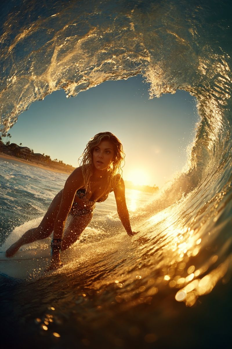 Surfer surf ocean vague eau soleil lever coucher plage mer marin bord coquillage coquillages collection sable vente Une femme surfe sur une planche blanche dans l'océan. Elle est en position accroupie, les mains sur la planche, et ses cheveux sont emportés par le vent. L'eau éclabousse autour d'elle, et le soleil se couche en arrière-plan, projetant une lueur chaude sur la scène. L'eau est claire et les vagues sont petites. Au loin, il y a des bâtiments et des arbres.