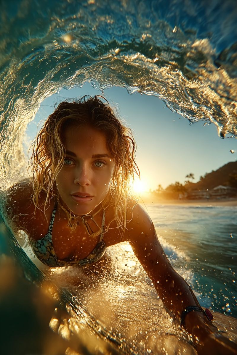 Surf ocean eau vague soleil plage lever coucher mer marin bord coquillage coquillages collection collier bracelet bague boucles oreilles pendentif Une femme surfe sur une vague dans l'océan. Elle est allongée sur le ventre sur un planche de surf, avec ses bras étendus sur les côtés pour l'équilibre. Ses cheveux sont mouillés et soufflés par le vent, et elle porte un bikini. L'eau est claire, et le soleil se couche en arrière-plan, projetant une lueur chaude sur la scène. Les vagues se brisent autour d'elle, et l'eau éclabousse son corps.