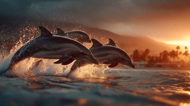 Dolphins ocean water sea wildlife nature animals mammals marine swimming jumping spray spraying sunrise sunset beach coast shoreline mountains palm Three dolphins are leaping out of the water in a synchronized manner. The dolphin in the front is the largest, with its body fully extended and its head pointing upwards. The dolphin behind it is slightly smaller, and its body is slightly curved. The dolphin in the back is the smallest, and its body is almost completely submerged in the water. The water is splashing around the dolphins, and the sky is orange and pink, indicating that the sun is setting. In the distance, there are trees and a mountain range.