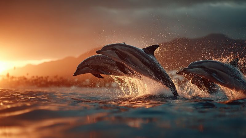 Dauphins ocean eau mer animaux faune nature coucher soleil ciel montagnes ile plage eclaboussures saut elan nage marin aquatique mammiferes creatures Trois dauphins sautent hors de l'eau de manière synchronisée. Le dauphin au centre est le plus grand et saute le plus haut, son corps presque entièrement hors de l'eau. Le dauphin à gauche est légèrement plus petit et saute juste derrière le dauphin central. Le dauphin à droite est le plus petit et saute juste derrière le dauphin de gauche. L'eau éclabousse autour d'eux, et le ciel est un mélange d'orange et de gris, indiquant que le soleil se couche. En arrière-plan, il y a des montagnes et une silhouette d'arbres.