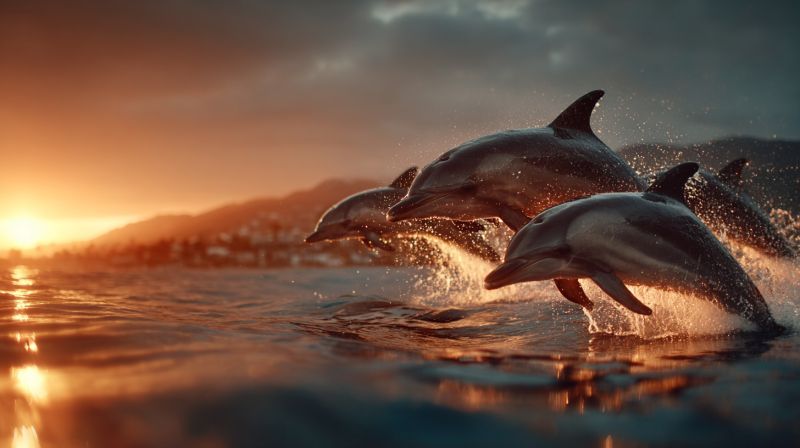 Dauphins ocean eau soleil coucher ciel nature faune animaux marin mer saut eclaboussures vagues cote horizon montagnes ville cite Trois dauphins sautent hors de l'eau de manière synchronisée. Les dauphins sont lisses et profilés, avec leurs corps arqués en plein air. L'eau est calme, et les dauphins créent des éclaboussures lorsqu'ils sautent. Le soleil se couche en arrière-plan, projetant une lueur chaude sur la scène. Le ciel est un mélange de teintes orange et roses, et il y a des montagnes au loin. Les dauphins sautent en ligne, celui du milieu légèrement en avance sur les autres.