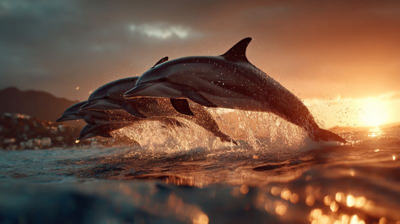 Dolphins ocean water sun sky sunset wildlife nature animals sea marine swimming jumping spray waves coast island mountains town Three dolphins are leaping out of the water in a synchronized jump. The dolphin in the front is the largest, with its body fully visible as it arches its back and its tail fin pointing upwards. Behind it, two smaller dolphins are leaping as well, their bodies partially submerged in the water. The water is splashing around them, creating a dynamic and energetic scene. The sky is a mix of orange and pink hues, indicating that the sun is setting. In the background, there are silhouettes of mountains and buildings, suggesting that the dolphins are near a coastal area.