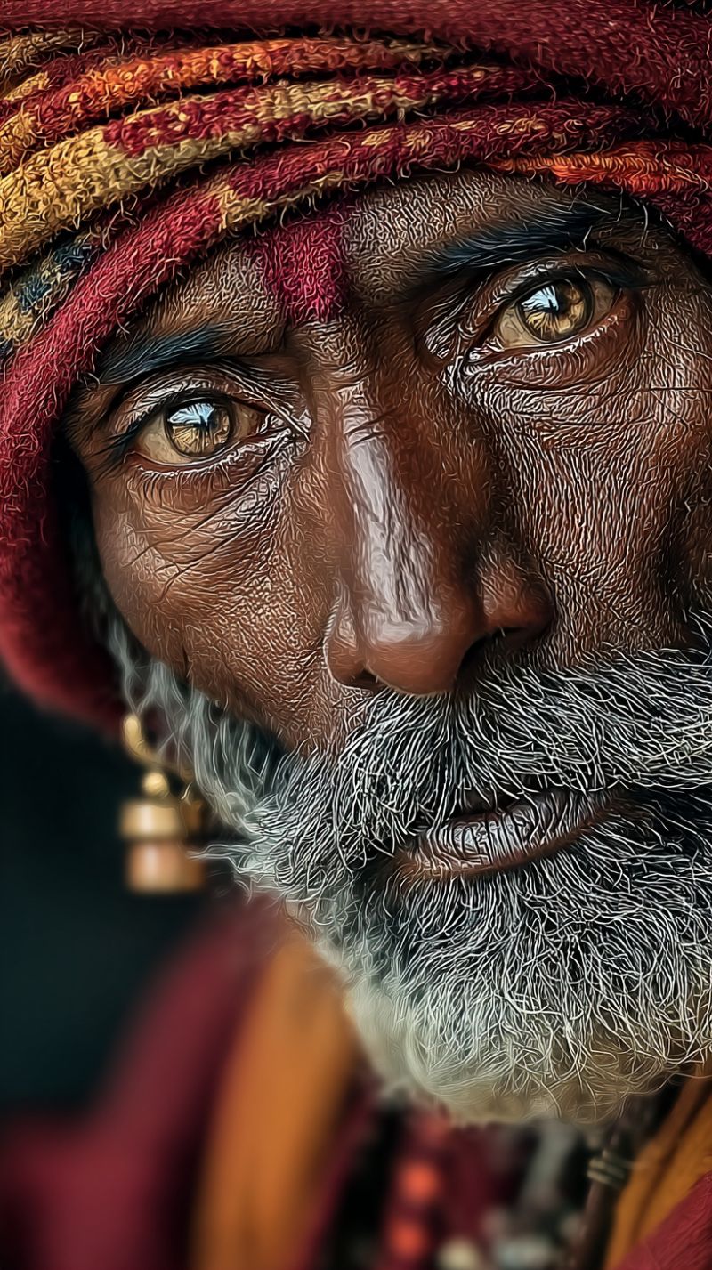 Man head eye beard ear earring clothing texture skin nose lips chin forehead eyebrow eyelash eyelid socket close-up of an elderly man's face, capturing his weathered features and expressive eyes. His skin is deeply lined, with prominent wrinkles around the eyes and mouth, indicating age and experience. His eyes are almond-shaped, with a warm, golden hue, and they appear to be gazing thoughtfully or with a hint of wisdom. His eyebrows are thick and slightly arched, adding to the intensity of his gaze. The man has a full beard and mustache, both white and gray, which frame his face and add to his distinguished appearance. He wears a colorful turban on his head, with layers of fabric in shades of red, yellow, and orange, adding a vibrant touch to the image. The background is dark, which makes the man's face and the details of his clothing and accessories stand out.