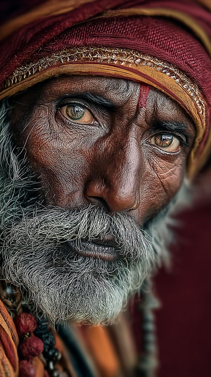 Homme vieux barbe tete oeil bouche peau ride bandeau rouge perles bijoux traditionnel Un vieil homme avec une longue barbe blanche et une moustache porte un turban marron avec des broderies dorées. Son visage est ridé, et il a une marque rouge sur son front. Ses yeux sont légèrement ouverts, et son regard est dirigé vers la droite. Il a un grain de beauté sur sa joue droite. L'arrière-plan est flou, et il semble s'agir d'un mur rouge.