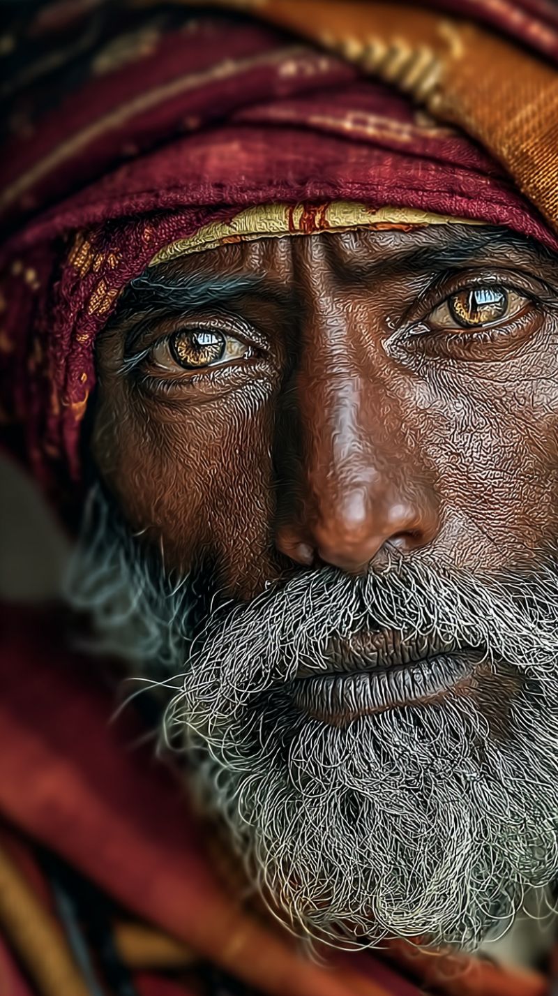 Man head beard eye headgear traditional ethnic culture texture wrinkles skin eyebrow nostril lips chin A close-up portrait of an elderly man with a weathered face. He has a long, white beard and mustache, and his eyes are brown with a hint of yellow. His skin is deeply lined, and he has a slightly furrowed brow. He is wearing a maroon and gold turban with intricate patterns, and the background is slightly blurred, suggesting a sunny outdoor setting.