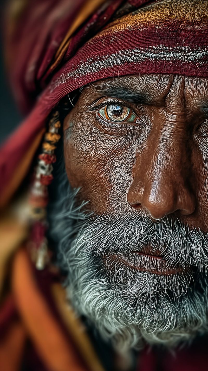 Man head eye beard texture skin wrinkles ear earring earrings A close-up portrait of an elderly man with a weathered face. His skin is deeply lined and creased, showing signs of age and experience. His eyes are a striking shade of amber, with a hint of green, and they appear to be looking directly at the camera with a calm and contemplative expression. His eyebrows are thick and white, contrasting sharply with his dark skin. His nose is broad and slightly bulbous, with a few wrinkles around the nostrils. His lips are thin and slightly parted, revealing a glimpse of his teeth. He has a full beard and mustache, both of which are white and gray, with some strands of black still visible. The man is wearing a red and orange headscarf, which is draped over his head and shoulders, adding a vibrant touch to the portrait. The background is intentionally blurred, focusing the viewer's attention on the man's face and expression.