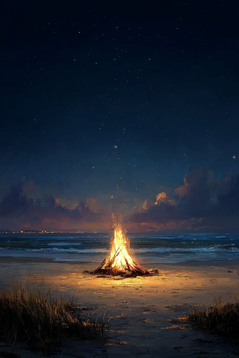 Plage feu camp bois nuages soiree herbe nuit ocean air ciel etoiles coucher soleil arbres eau vagues nature sauvage Un feu de camp brûle brillamment sur une plage la nuit. Le feu est entouré par un cercle de bois, projetant une lueur chaude sur le sable et l'herbe environnants. Le ciel est sombre, avec quelques étoiles visibles, et l'océan est calme et sombre en arrière-plan. La scène est paisible et sereine, avec le feu de camp créant une atmosphère chaleureuse et accueillante.