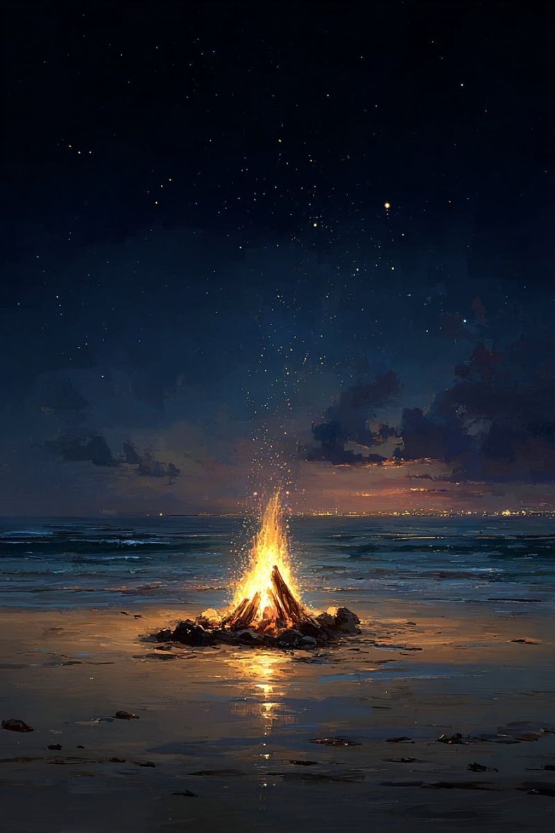 Beach bonfire campfire camping fire flame glow night ocean outdoors reflection sea sky sparks stars summer sunset water A bonfire burns brightly on a beach at night, surrounded by rocks. The fire's flames reach high into the sky, casting a warm glow on the surrounding area. The beach is wet, and the water reflects the fire's light. The sky is dark, with a few stars visible. In the distance, there are lights from a city or town, and the horizon is visible.
