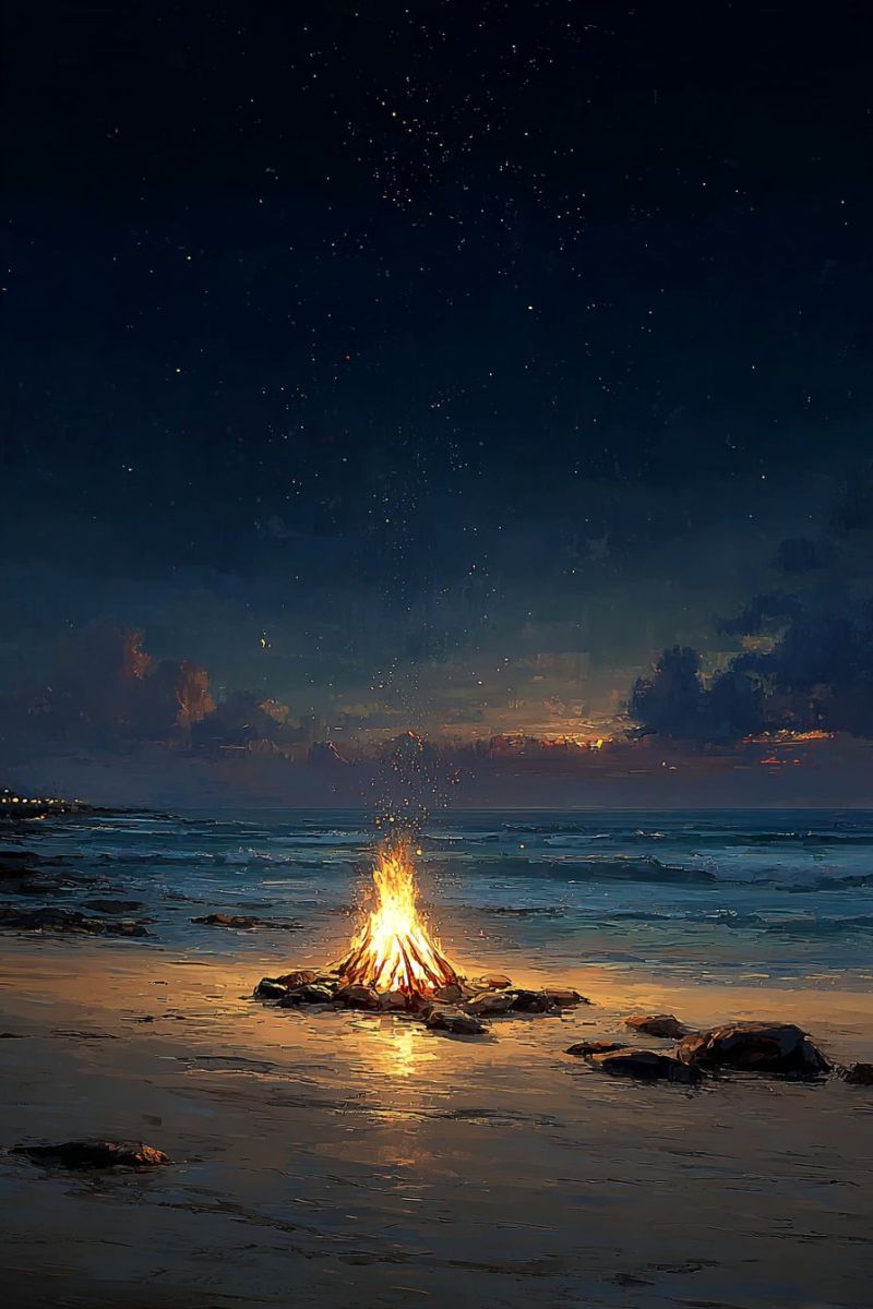 Beach bonfire campfire camping clouds coast evening fire flames glow glowing night ocean outdoors reflection sea sky water A bonfire burns brightly on a beach at night, surrounded by rocks. The fire's flames reach up into the dark sky, casting a warm glow on the wet sand and the surrounding rocks. The ocean is calm, with gentle waves lapping at the shore. The sky is dark, with a few stars visible, and there are clouds in the distance. The scene is peaceful and serene, with the bonfire providing a cozy and inviting atmosphere.