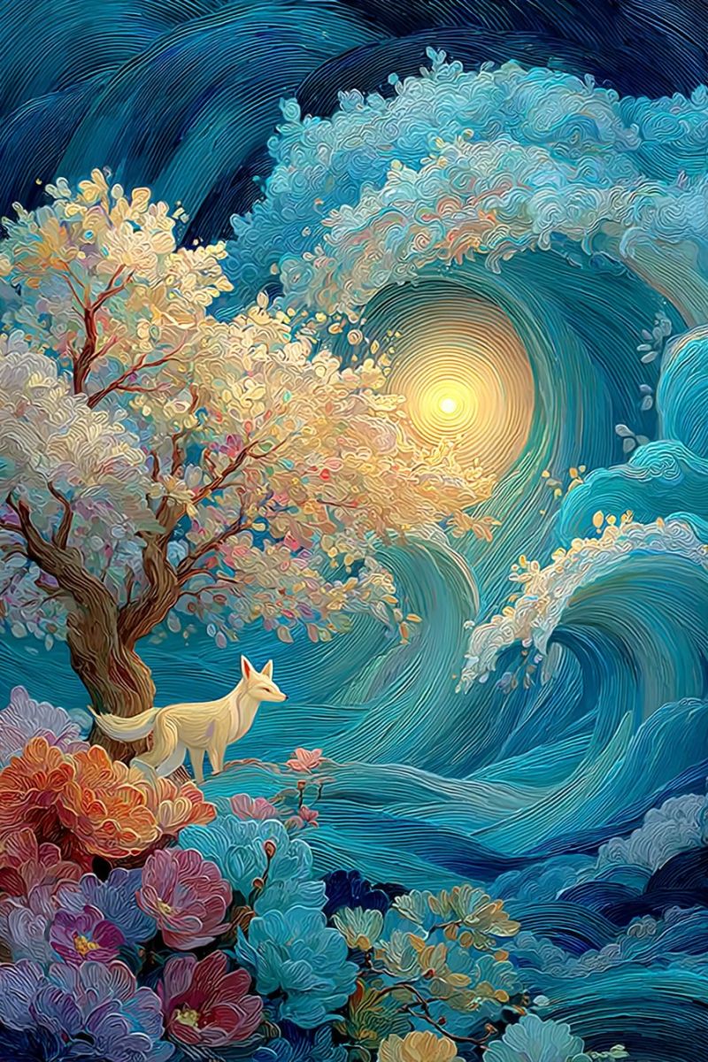 Nature arbre fleurs renard ocean vagues soleil ciel fantaisie onirique imagination creativite beaute Au premier plan, un renard blanc se tient sous un grand arbre vibrant aux fleurs jaunes et roses. Les branches de l'arbre s'étendent vers l'extérieur, créant une canopée. L'arrière-plan présente un paysage marin dramatique avec des vagues s'écrasant contre le rivage, peintes dans des nuances de bleu et de blanc. Le ciel au-dessus est un mélange de bleu profond et de jaune, avec un soleil brillant émergeant des vagues, projetant une lueur chaude sur la scène. La composition globale est riche en couleurs et en textures, avec un sentiment de mouvement et d'énergie.