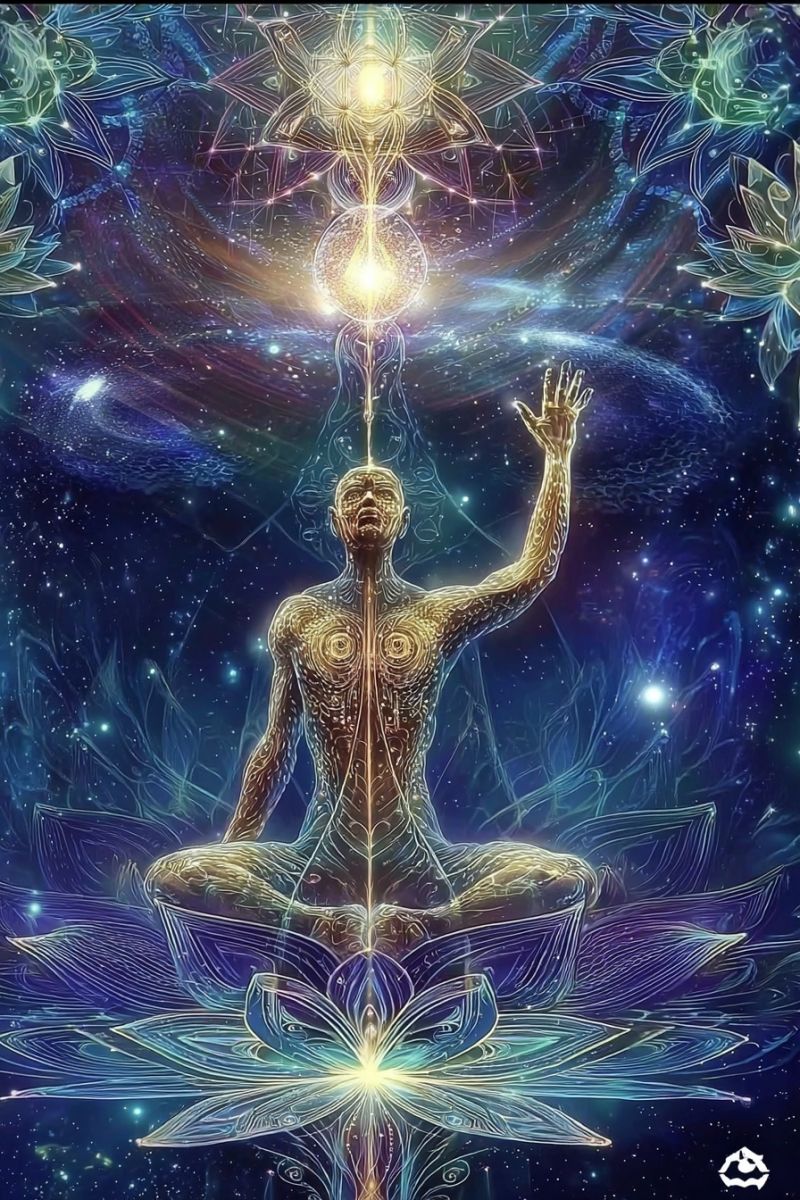 Meditation spiritualite cosmos galaxie aura chakra energie fleur lotus mandala mantra conscience mysticisme psychedelique transcendance zen nuit etoil Au centre de l'image, une figure est assise en position de lotus, une main levée vers le ciel et l'autre reposant sur le genou. La figure est entourée d'une aura dorée et lumineuse ainsi que de motifs complexes qui ressemblent à un mandala cosmique. L'arrière-plan est un ciel nocturne profond, étoilé avec des galaxies et des nébuleuses tourbillonnantes, créant un sentiment d'immensité et de mystère. Le corps de la figure est orné de motifs dorés complexes qui ressemblent à un réseau de veines ou de voies énergétiques, suggérant une connexion avec l'univers. La composition globale est surréaliste et d'un autre monde, avec un sentiment de transcendance spirituelle et d'unité cosmique.