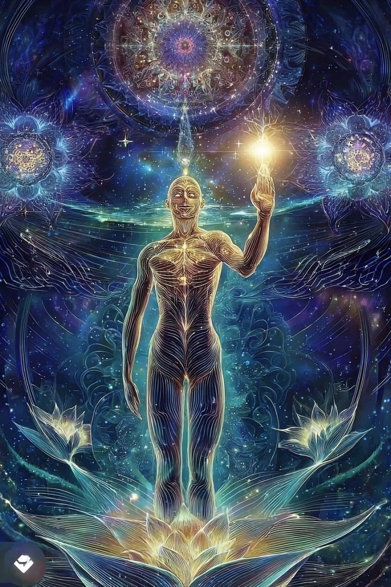 Human flower universe space star galaxy cosmos design pattern colorful geometric fantasy dream imagination meditation spirituality A human figure stands in a cosmic setting, glowing with intricate golden lines that trace the body's contours. The figure holds a bright light in its hand, casting a warm glow. The background is a deep blue with swirling patterns and large, ornate circular designs. The figure's head is bald, and it appears to be floating above a large, glowing flower with petals that extend outward. The overall atmosphere is mystical and otherworldly.