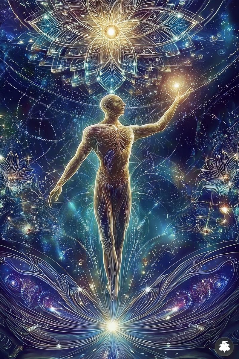 Humain fleur cosmos univers espace etoile galaxie nebuleuse fantaisie mystique spirituel energie aura Une figure humaine flotte dans un espace cosmique, entourée de motifs complexes et de lumières éclatantes. La figure est transparente, montrant sa structure interne, et tient une sphère lumineuse dans sa main droite. Le fond est d'un bleu profond avec des motifs tourbillonnants et des étoiles éparpillées, créant une atmosphère mystique et irréelle.