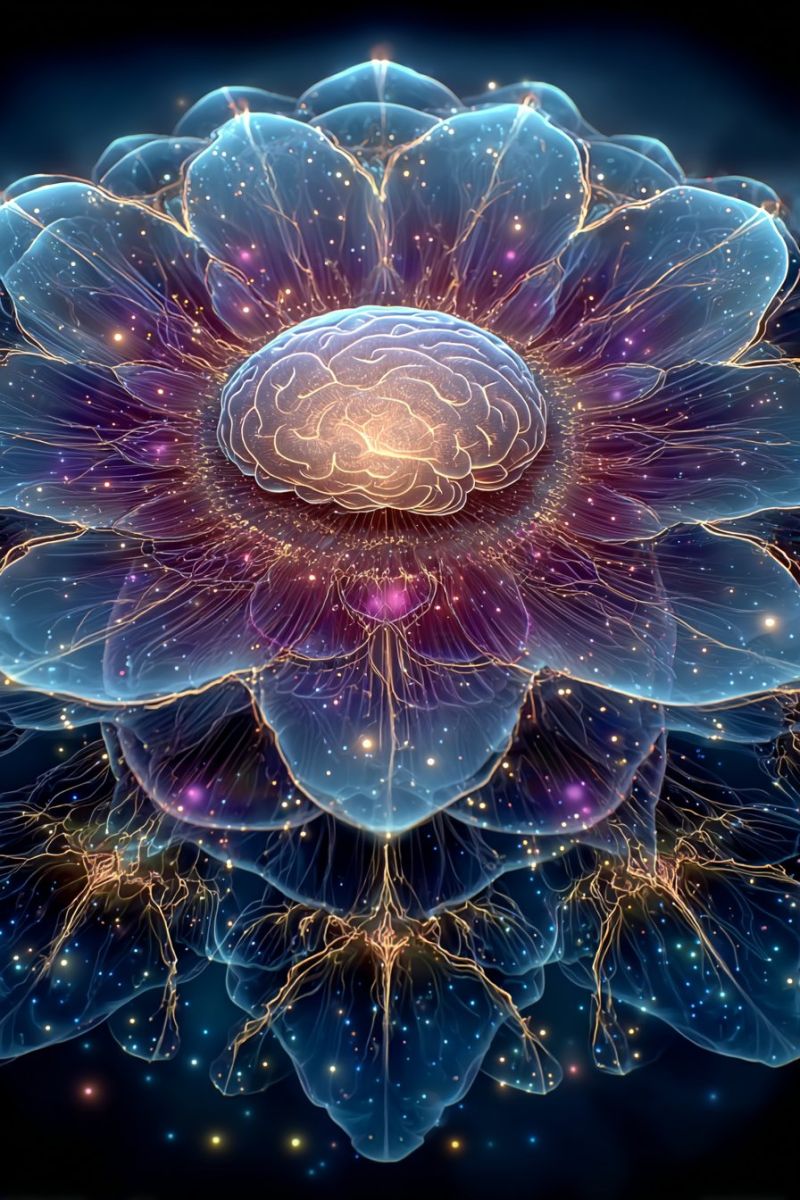Fleur cerveau design geometrique symetrie fractal complexite esprit conscience creativite inspiration imagination Grande fleur complexe avec un cerveau au centre. Les pétales de la fleur sont translucides, superposés et présentent un dégradé de couleurs allant du bleu profond au bleu clair et au violet. Les pétales sont ornés de veines dorées et de minuscules points lumineux qui ressemblent à des étoiles. Le cerveau est représenté dans des nuances d'or et de blanc, avec une surface texturée détaillée qui imite l'apparence d'un vrai cerveau. Le fond est sombre, avec des lumières faibles et dispersées qui ajoutent à la qualité éthérée de l'image.