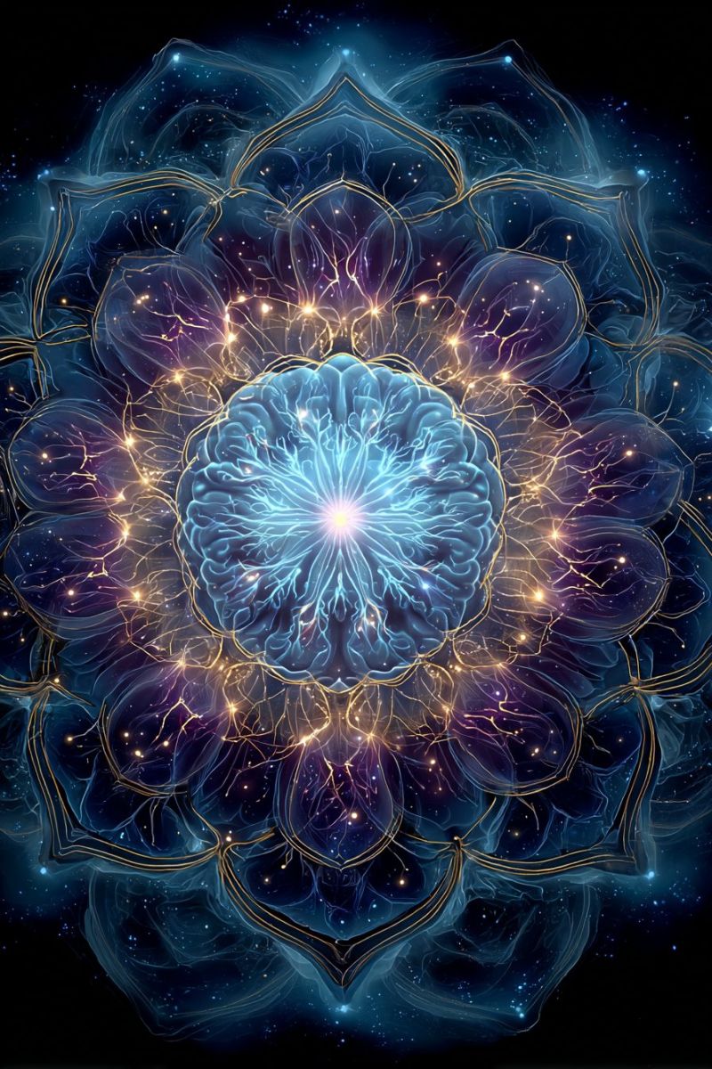 Blue brain circle colorful concept design flower fractal geometric glow golden pattern purple star central circular design resembling a brain, surrounded by a complex, multi-layered pattern that looks like a flower. The brain is depicted in shades of blue and white, with intricate details that suggest neural pathways. The flower-like pattern is composed of overlapping petals in shades of blue, purple, and gold, with golden lines that add a sense of depth and texture. The background is dark, with scattered stars and a galaxy-like effect, enhancing the mystical and cosmic feel of the image.