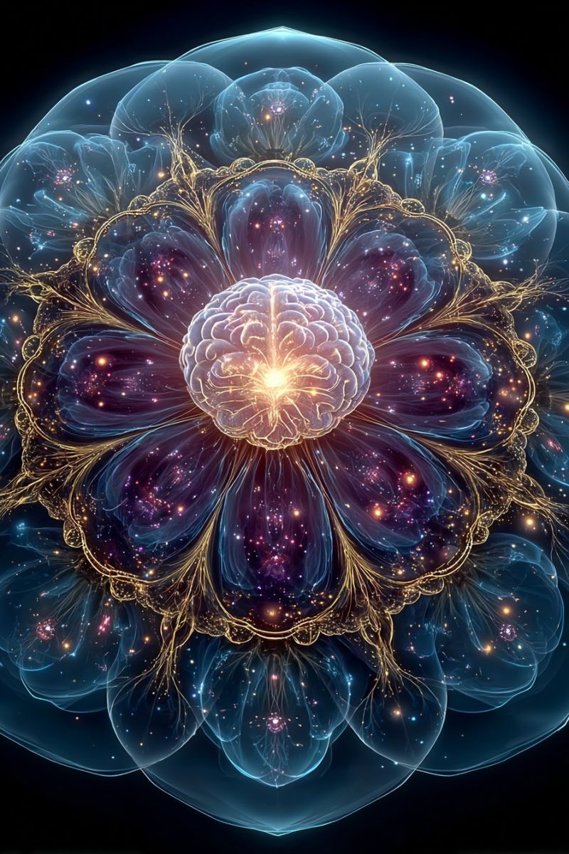 Brain circle colorful concept design flower fractal geometric glow mind pattern psychedelic space circular design with a central brain illustration. The brain is depicted in a glowing, translucent style, surrounded by intricate, golden, and blue floral patterns. The background is dark, with a gradient of deep blue and purple hues. The brain is illuminated by a bright, yellow light, casting a warm glow on the surrounding petals. The petals are translucent, with a mix of blue, purple, and gold colors, and they have a slightly wavy, organic shape. The overall design is abstract and artistic, with a focus on the brain as the central element.