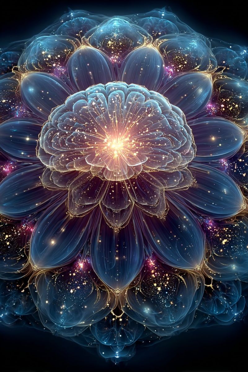 Bleu cerveau brillant concept design fleur fractal eclat dore moderne violet espace Grande fleur complexe composée de multiples couches de pétales translucides. Les pétales sont disposés en un motif circulaire, avec le centre de la fleur ressemblant à un cerveau humain. Les pétales sont un mélange de couleurs bleu, violet et or, avec un effet lumineux qui donne à l'image une apparence surréaliste et irréelle. Les pétales sont translucides, permettant à la lumière de les traverser, créant un effet scintillant. Le fond est sombre, avec quelques étoiles éparses et une faible lumière éclatante au centre de la fleur.