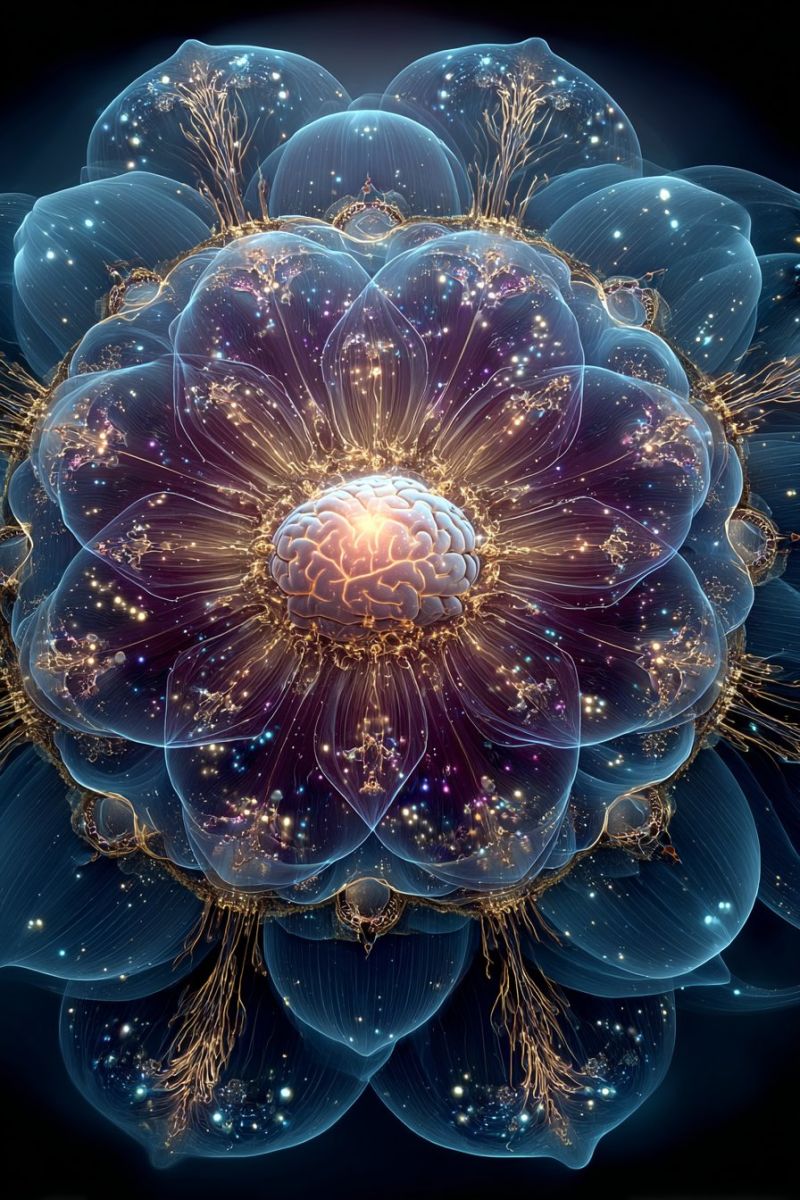Flower brain neurons neuron neuronal large, intricate flower with a dark blue and purple color palette. The flower's petals are translucent, with a shimmering effect that gives them a glass-like appearance. The center of the flower is a brain, depicted in shades of white and yellow, surrounded by a network of golden, tree-like structures. These structures extend outward from the brain, creating a complex, interconnected pattern. The background is dark, enhancing the contrast and making the flower and its details stand out. The overall composition is highly detailed, with a focus on the interplay between the organic forms of the flower and the abstract, geometric elements.